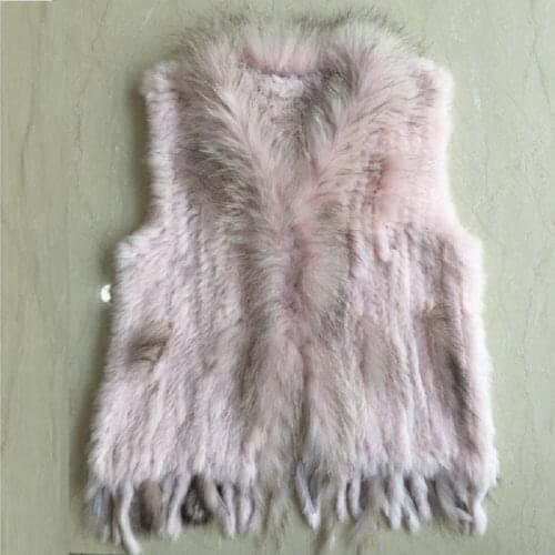 Winter women sweater crochet v-neck knit white vest sleeveless jacket karakul rabbit fur raccoon dog fur collar trim waistcoat