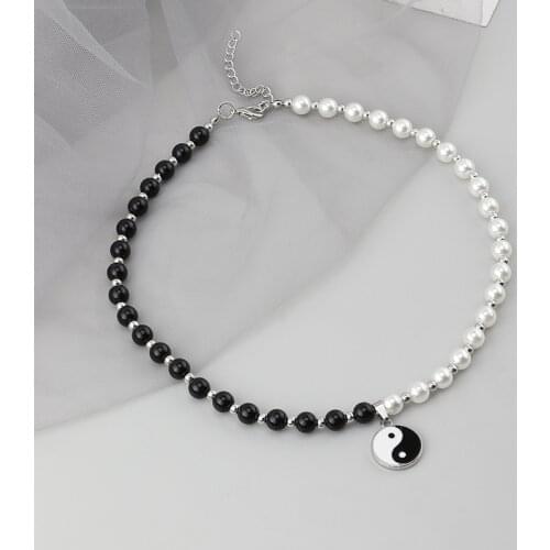 Women Mens Pendant Necklace Round Pearl Beads Yin Yang Taichi Pendant Stainless Steel Chain Unisex Necklace Couple Jewelry Gift