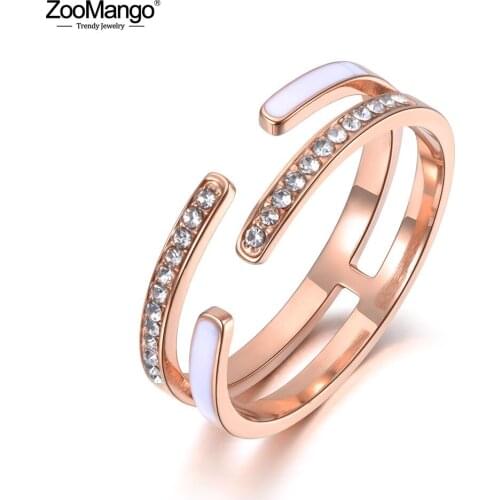 ZooMango Trendy Titanium Stainless Steel White Glaze Rings For Women Mosaic CZ Crystal Love Anniversary Ring Jewelry ZR19077