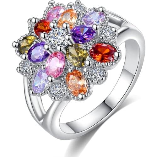 Flowery Lady Rainbow Crystal Ring Flower Glamour Fashion Single Glamour Metal Ring Colorful Zircon Party Ring Jewelry Gift