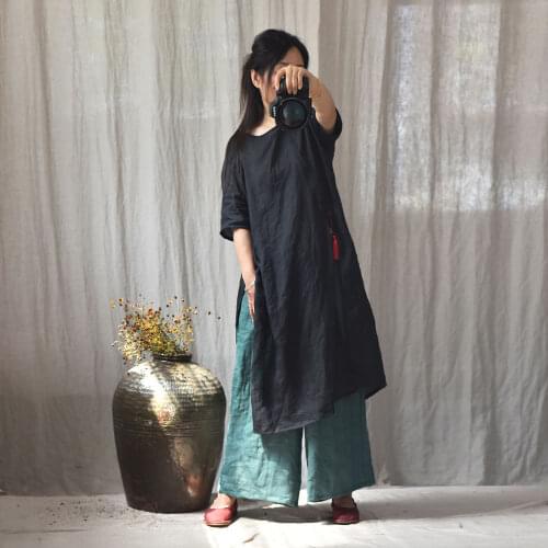 Women Loose Ramie Solid Color Dress Ladies Vintage Ramie Dresses Female 2020 Summer Retro Dress