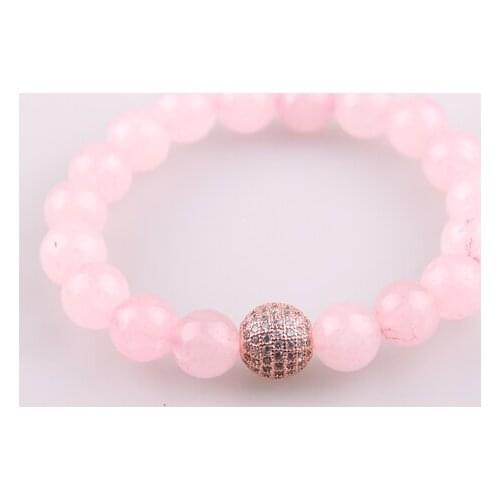 Hot Sale Jewelry Micro Zircon Pave Ball Pink Onyx Agat Stone Strand Bracelet