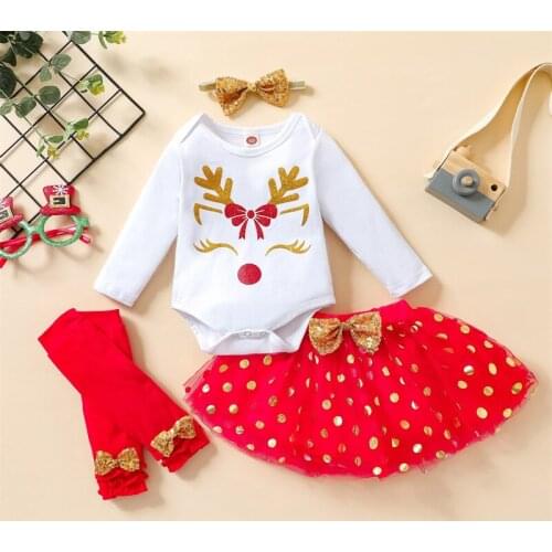 Toddler Christmas Outfits Reindeer Long Sleeves Romper + Tutu Skirt + Leg Warmer + Headband 4PCS for Baby Girls 0-18 Months