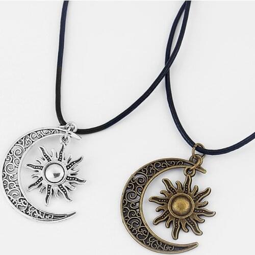 1pcs Antique Crescent Moon/Sun Charm Pendant Real Leather End Lobster Clasp Necklace For Boho Hippy 18"+2"Chain