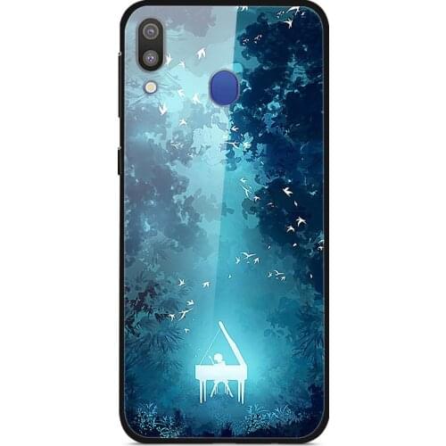 For Samsung Galaxy M20 Phone Case Tempered Glass Case Back Cover With Black Silicone Bumper Series 2