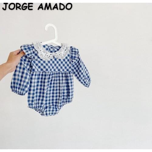 2021 Hot Sale New Autumn Baby Girls Bodysuits Blue Plaid White Peter Pan Collar Long Puff Sleeves Jumpsuit Kids Clothes E2545