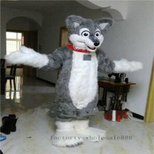 Long Fursuit Grey Husky Dog Wolf Fox Mascot Costume Dress Adult Halloween Fursuit Cartoon Outfit Carnival Xmas Easter Ad Clothes
