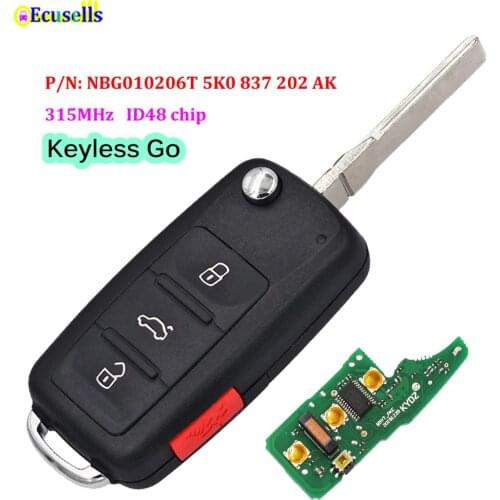 3+1 button Keyless-go Remote Key 315MHz ID48 Chip for VW Volkswagen Passat Beetle Jatta Golf Tiguan 5K0 837 202 AK NBG010206T