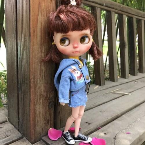 1pcs Handmade Blyth Doll Bunny-Patterned Hooded Cowboy Coat for Holala, Blyth, Middle Blyth Doll Skirt Clothes Accessories