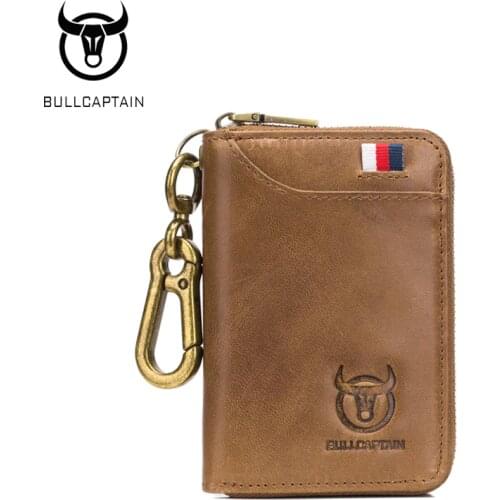 BULLCAPTAIN leather mens key bag casual access control card holder anti-theft brush multi-function first layer cowhide key bag