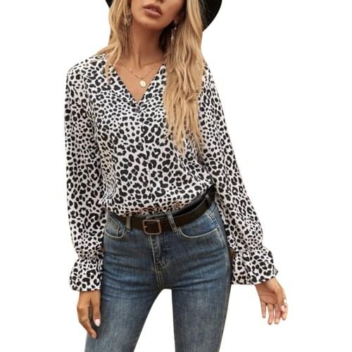 New Fashion Women Ladies Autumn Casual Leopard Shirts Female Flounce Sleeve Button Down Loose Blouses