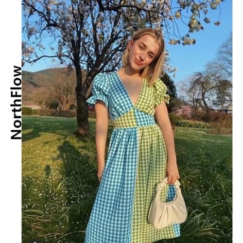 Northflow Women Dress Plaid Panelled V-neck Elastic Waist Midi De Fiesta Party Dress Vestidos Robe Femme