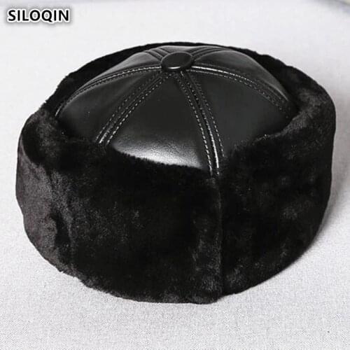 SILOQIN Mens Earmuffs Caps Genuine Leather Cap Warm Bomber Hats Men Winter Thicker Velvet Sheepskin Leather Ski Cap Dads Hat