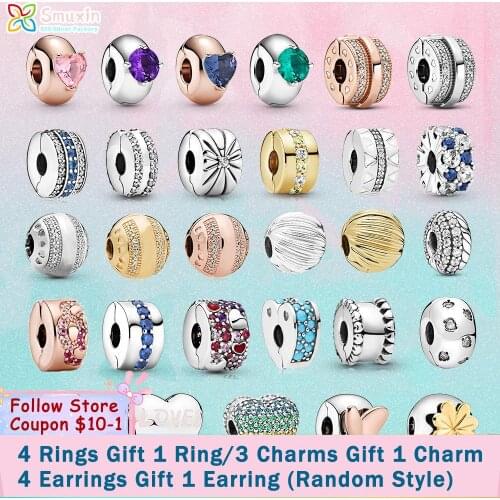 925 Sterling Silver Bead Silver Round Lined Pave Beaded Hearts Daisy Flower Clip Charm fit Original Pandora Bracelets Girl Gift