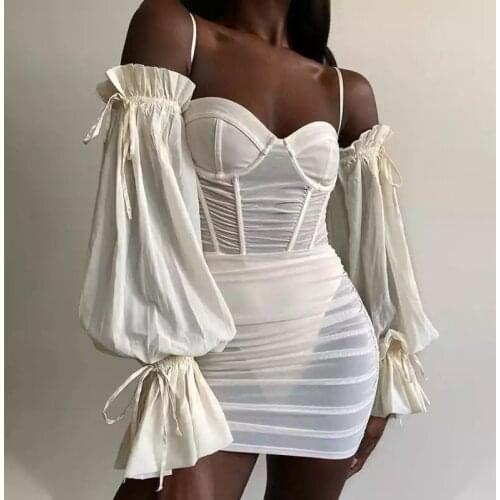 SKMY 2021 Women Clothing Autumn Mesh Ruched Dress See-Through Off The Shoulder Strapless Long Sleeve Bodycon Mini Dress Female