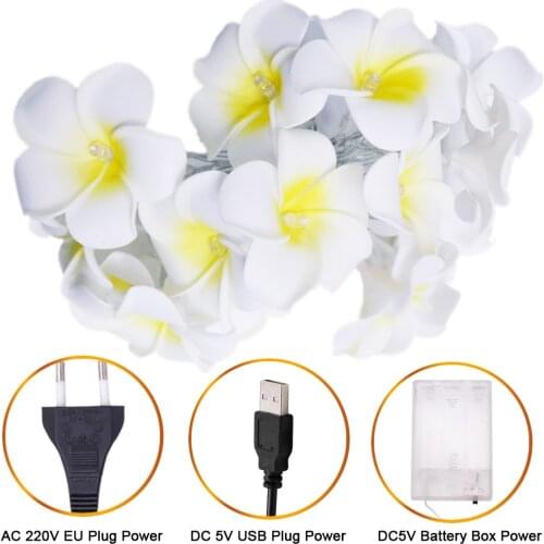 Frangipani Flower String LED Lights String White Pink Cloth Floral Power by Battery/USB/EU Holiday Garland Decoration 1.5m 3m 6m
