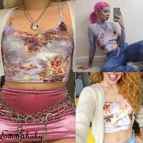 Summer Sexy Crop Tops Women Angel Printed Strappy Tube Vest Bras Tank Top Backless Bandeau Shirt Stretch Camis