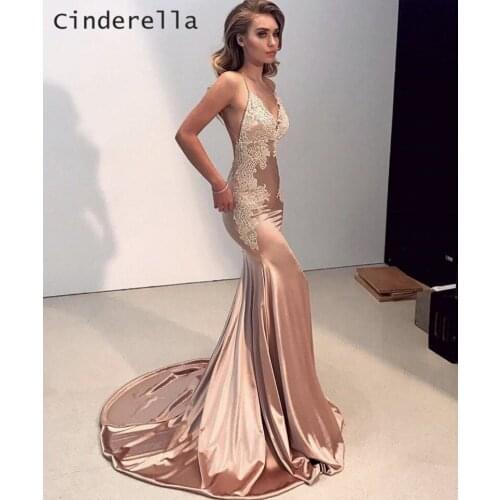 Cinderella V-Neck Backless Spaghetti Evening Gown Sleeveless Mermaid Silk Satin Evening Dresses With Buttons Evening Gowns