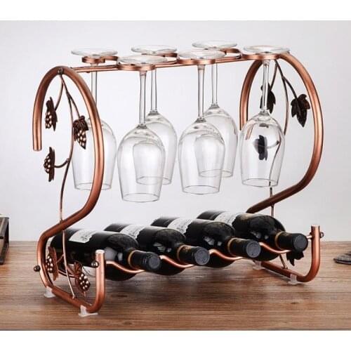 Wine Rack Stand Drinking Glasses Hanging Bronze Iron Multi-Function Stemware Rack Shelf Wine Bottle & Glass Cup Holder Display