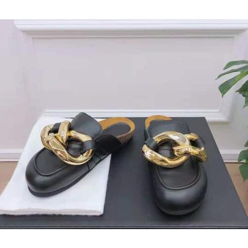 Womens Shoes Chain Loafer Mules Black Genuine Leather Gold Chain Real Photos