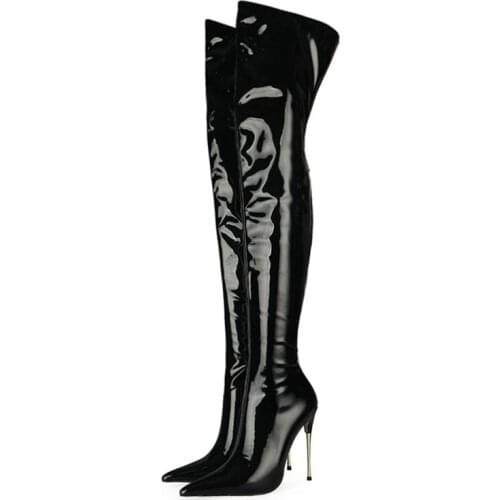 Custom Made Patent Leather Thigh High Boots Big Size 47 Back Zip High Heel Ladys Boots Over Knee High Stiletto