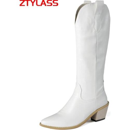 Spring Autumn Western Boots Women Boots Fashion Wedges High Heel Knee High Boots Pointed Toe Zipper Winter Shoes Size 42 43 44