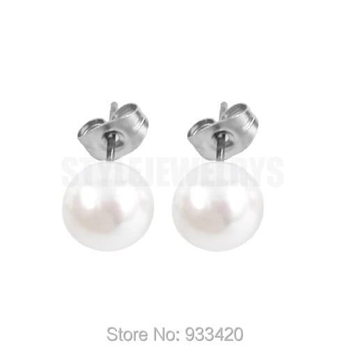 Free Shipping! White Pearl Stud Earrings Stainless Steel Jewelry Fashion Motor Biker Women Earrings 6mm SJE370117S B