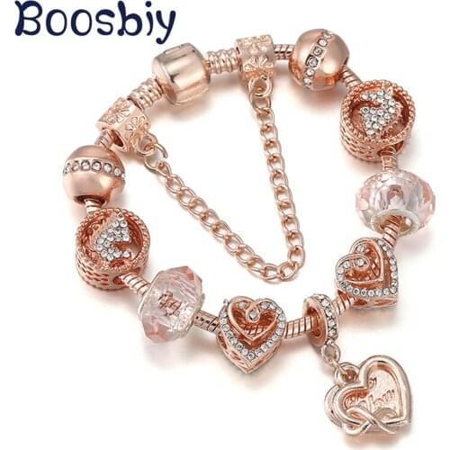 Love You Forever Beads Charm Bracelets DIY Rose Gold Snake Chain Bracelets For Women Lover Fashion Brand Jewelry Gift