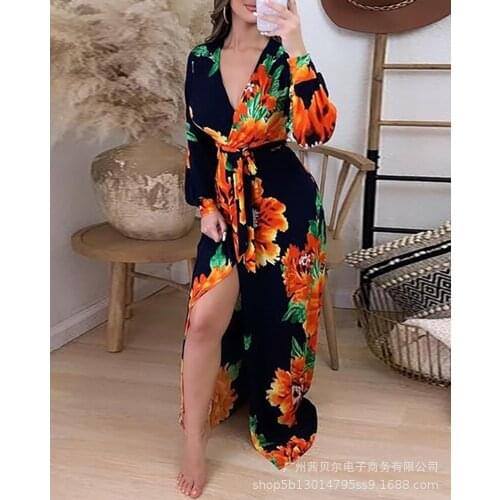 Dress Women Autumn Fashion Elegant Office Casual Loose Belt Lace Long Sleeve V-neck Floor Length Female Mujer De Moda Vestidos