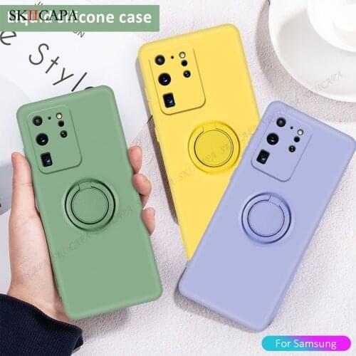 Liquid Silicone Phone Case For Samsung Galaxy S21 Ultra S20 FE Case Ring Stand Holder Soft Back Cover For Samsung S21 Plus S20