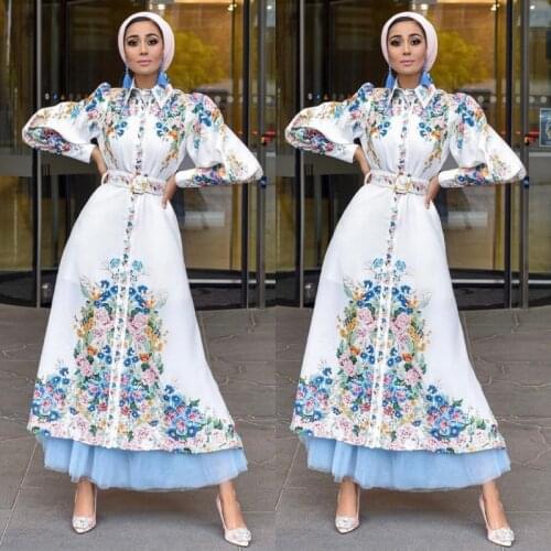 African Woman Fashion Printed Puff Sleeve Dress Dubai Robe Abaya Shirt Button Evening Dress Ramadan Muslim Indian Clothing Arab