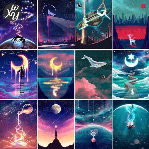 Starry Moon Diamond Painting Fantasy Diamond Art Kit for Adults Spacecraft Full Diamond Embroidery Diamond Mosaic for Home Decor