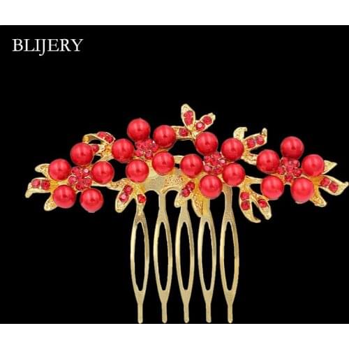 BLIJERY Gold Color Red Pearl Crystal Floral Bridal Hair Combs Wedding Hair Jewelry for Women Hairpins Brides Hair Accessories