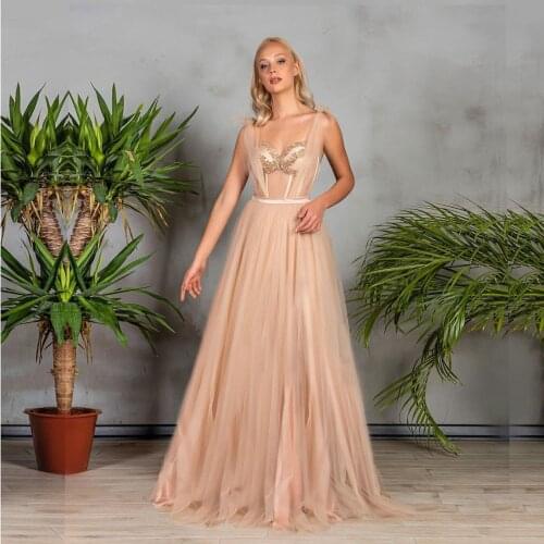 Champagne Simple Sexy Women Dress Tulle A-line Long Length Ribbon Trim Backless Dresses Plus Size Custom Made