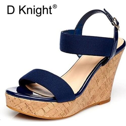 Plus Size 30-43 Summer Women Pu Leather Sandals Ladies NAVY BEIGE Buckle Strap Fashion Thick Wedges Casual Platforms Shoes Woman