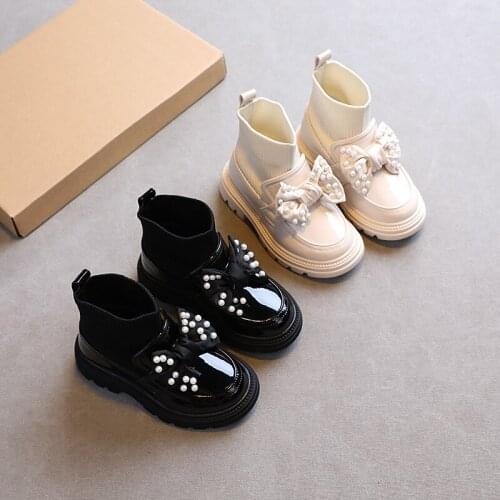 2021 Autumn Fashion Boots Girls Bowtie Pearl Pincess Kids Shoes PU Leather Knitting Socks Shoes Soft Bottom Children Ankle Boots