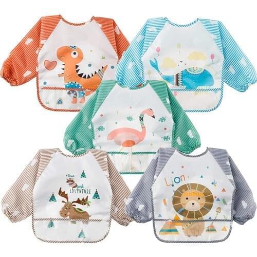 Baby Bandana Cute Animal Cartoon Bibs Waterproof Infant Eating Children Drawing Long Sleeved Apron Self Feeding Bib 5 Color