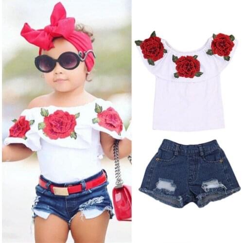 Kids Floral Off-Shoulder T-shirt Top+Denim Short Pants Summer Outfits Set Clothes Casual Toddler Baby Girl Set Clothes