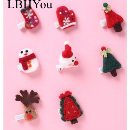 Kids Girls Christmas Cartoon Hair Clips 2020 Fashion 100% Wool Cross Hair Barrettes Children Snowman Gloves Deer Hairins