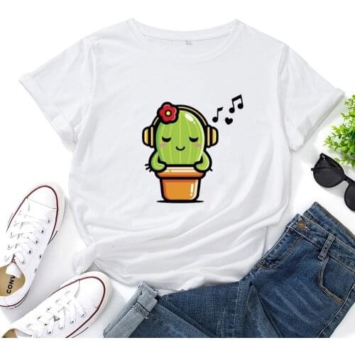 Cactus Listening To Music Graphic T Shirt Women Cute Fashion Plant Pot Camiseta Mujer Casual O-neck Short-sleeved T-shirt Women