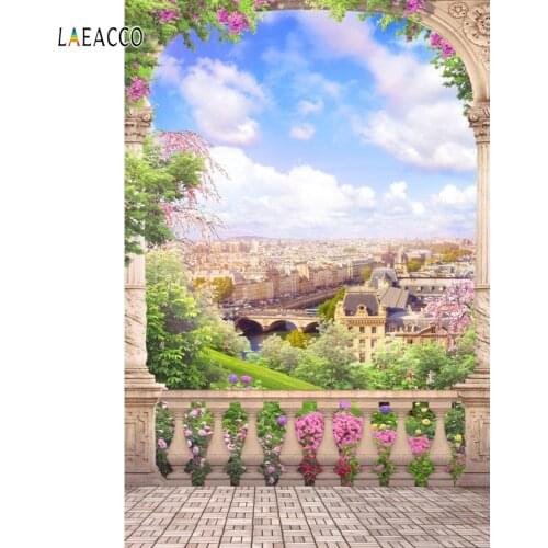 Laeacco Palace Flowers Arch View Platform City Scene Cloudy Sky Photography Backgrounds Vinyl Custom Backdrops For Photo Studio