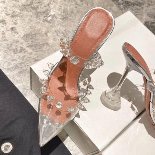Summmer Transparent Rivets Pumps Women PVC High Heels Pointed Toe Wedding Shoes Ladies Fashion Party Sandalias de las mujeres