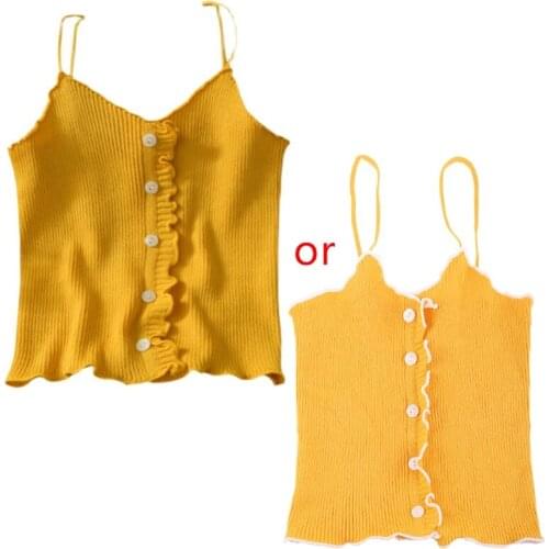Y166 Women Sexy Spaghetti Strap Basic Camisole V-Neck Button Ribbed Tank Top Lettuce Ruffles Trim Solid Crop Vest Underwear