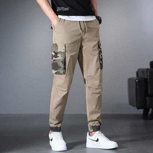 Mens Camouflage Pockets Cargo Pants 2021 Grey Male Casual Elastic Waist Tie Jogger Trousers Hit Color Streetwear Splicing Pant