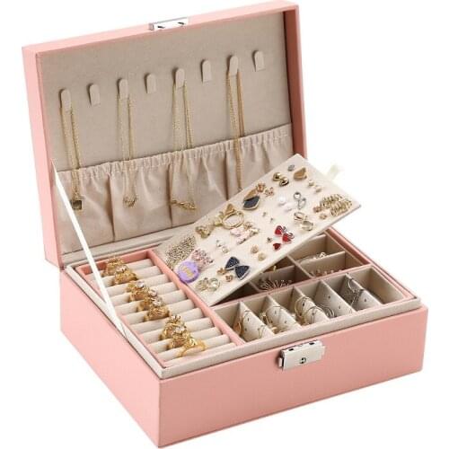 2021 New Two-Layer Leather Jewelry Box Organizer Display Storage Case Gift Women Girls with Lock