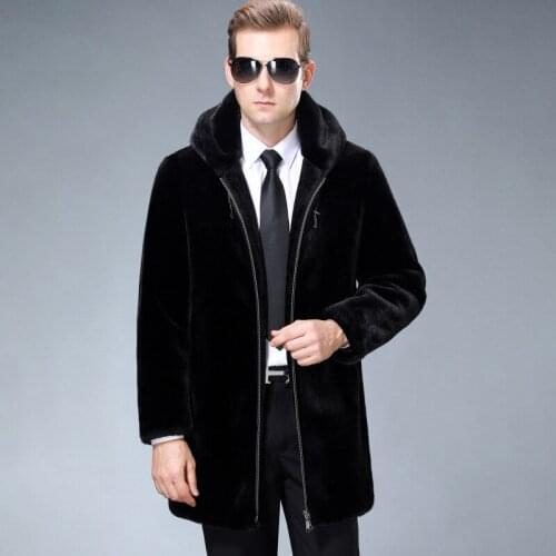 New sheep-sheared mens hooded one fur medium length fur coat with padded mink fur coat