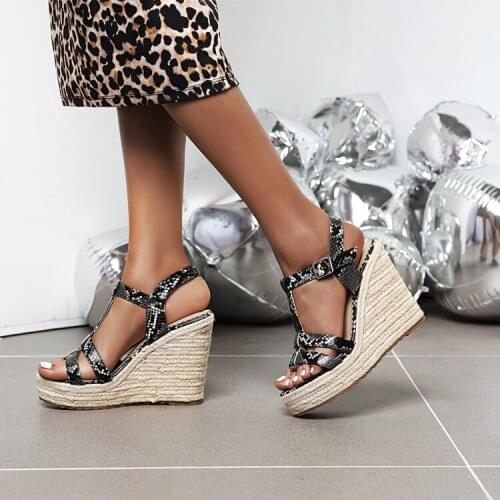 Summer new high-heeled wedge heel thick bottom open-toe snake pattern waterproof Taiwan fish mouth word with muffin sandals