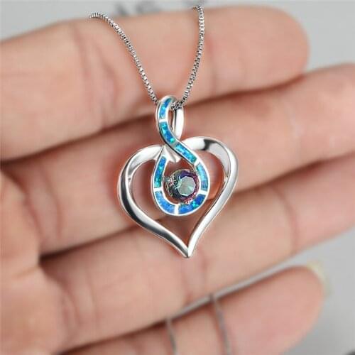 White Blue Opal Heart Wedding Necklace Charm Female Round Crystal Pendant Necklace Dainty Silver Color Chain Necklaces For Women