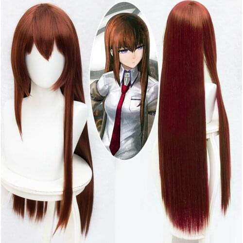 80cm 100cm Long Straight Copper Red Steins Gate Makise Kurisu Christina Heat Resistant Hair Cosplay Costume Wig + Free Wig Cap