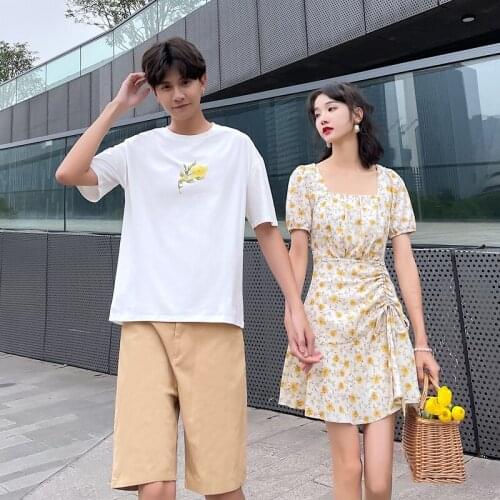 Couples summer dress temperament floral square collar drawstring dress couples clothes couples clothing
